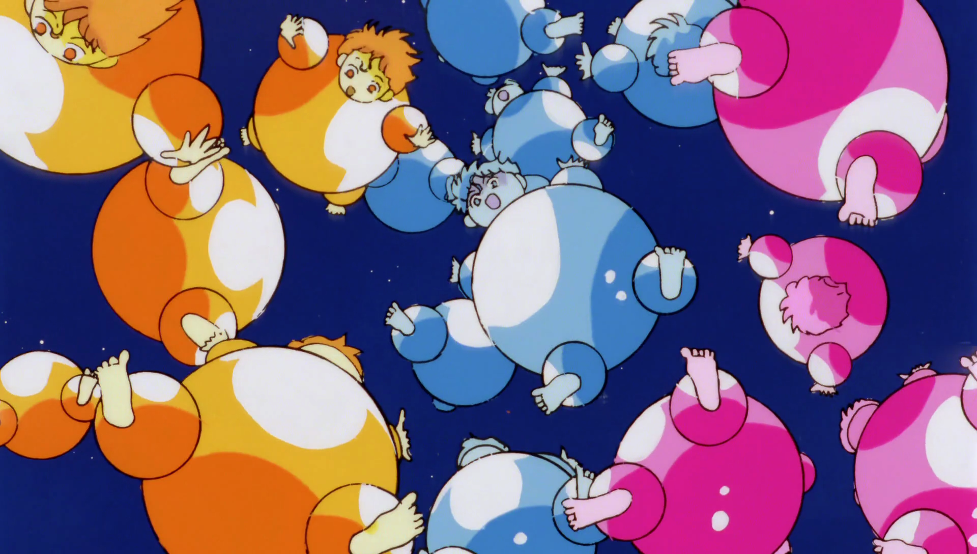 The Bonbon Babies from the Sailor Moon SuperS movie, a large number of round-bodied floating babies in pink, blue and orange.